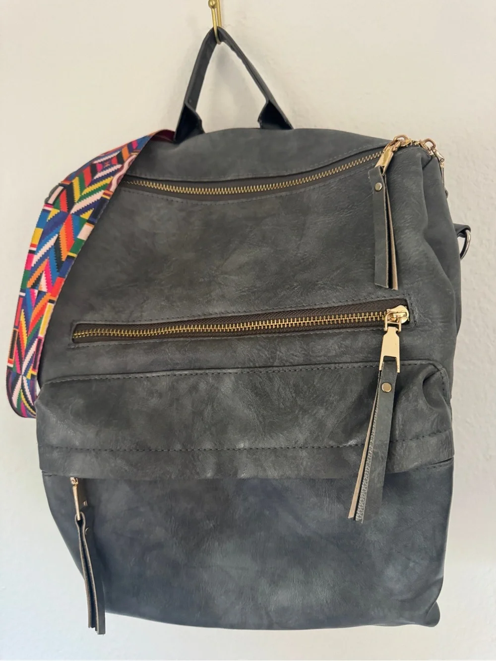 Modern+Chic Gray Women's Backpack with Colorful Woven Hobo Strap